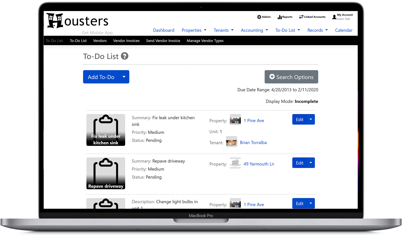 View a list of to-do list tasks on the Housters property manager software