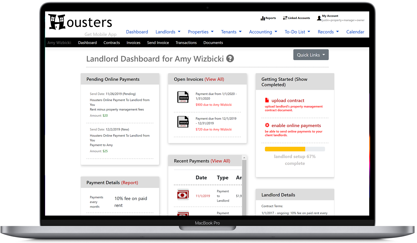 View the landlord dashboard, showing pending online payments, open invoices, and landlord details