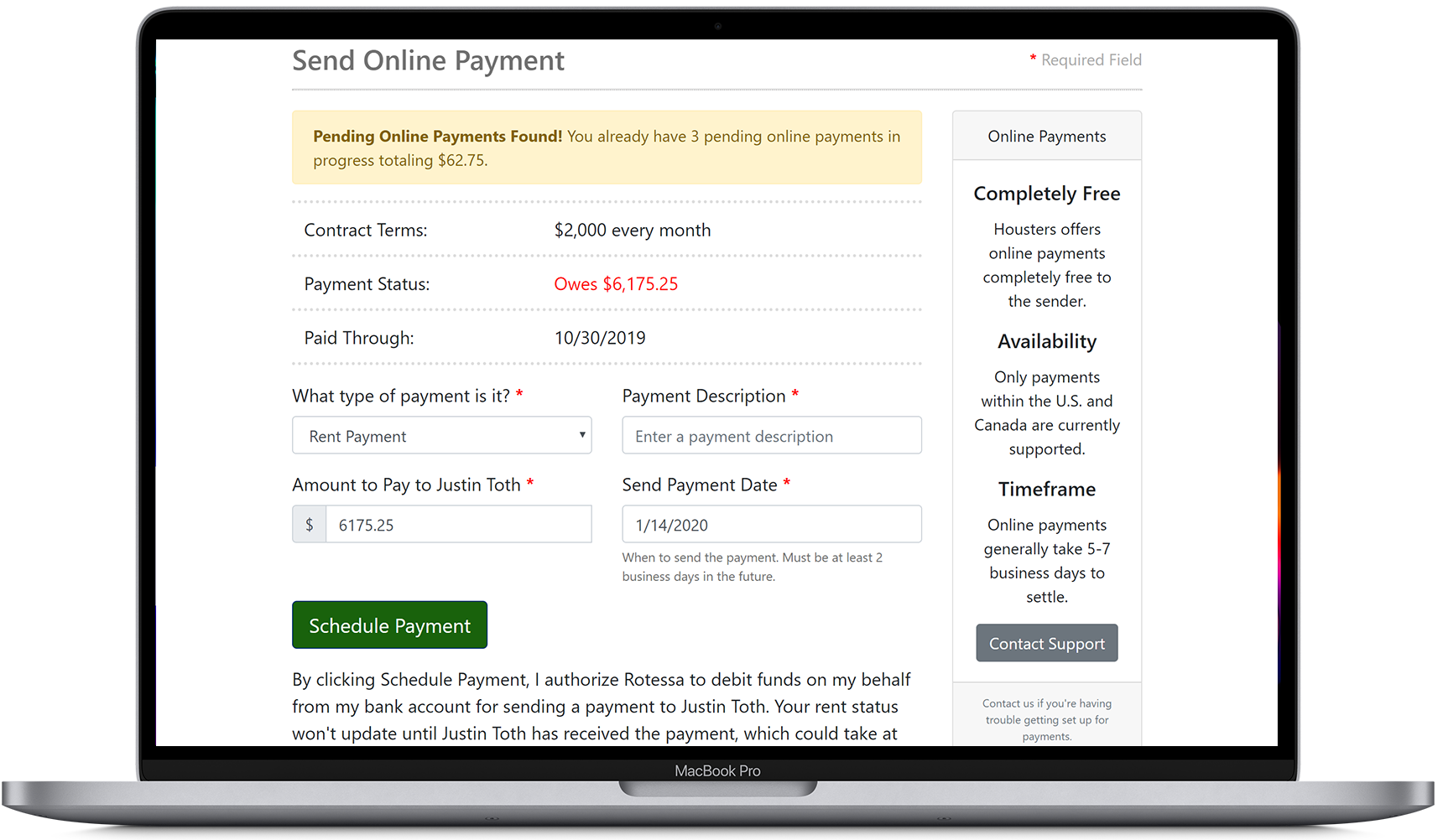 Send a one-time online rent payment in the tenant portal from a tenant to a landlord or property manager