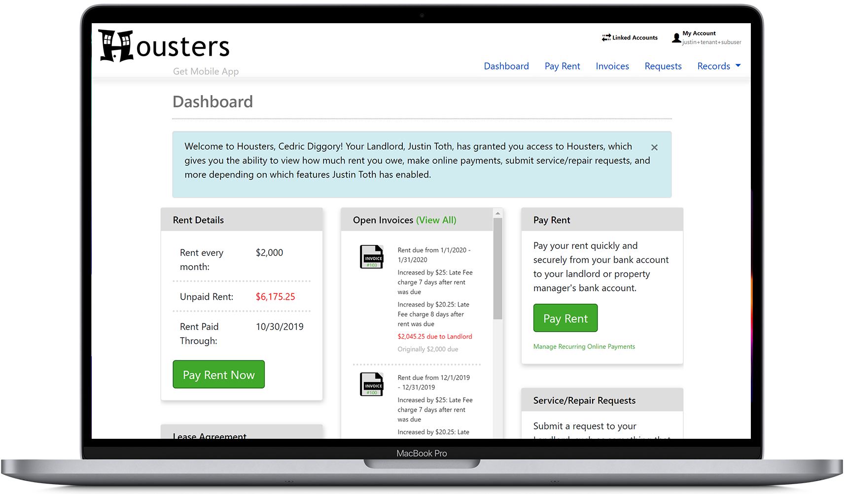 View the tenant portal's main dashboard, showing tenant rent details and open rent invoices
