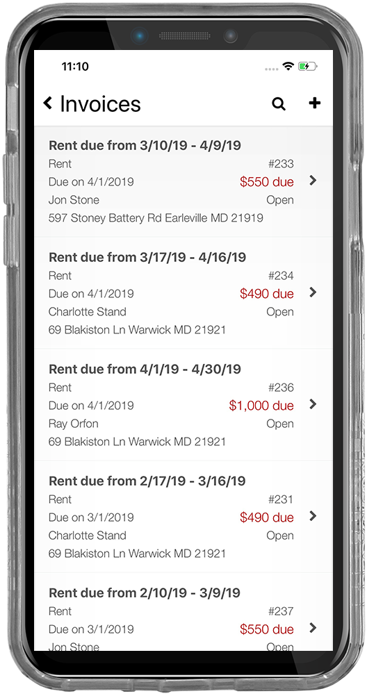 iPhone screenshot of a tenant's rent invoice list screen